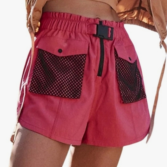 Free People Pants - NWT FREE PEOPLE Red Cargo Shorts High Rise Buckle Waistband Black Mesh Pockets
